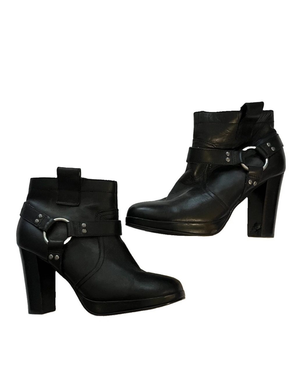Harley Davidson Black Leather Booties Zip Chunky Heel Boots Zip Women's 7.5